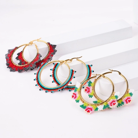 Handmade Beaded Hoop Earrings Bohemian Ethnic Miyuki Glass Seed Beads Colorful Flower Geometric Large Round Circle Women