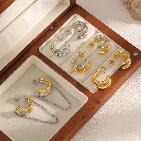 Stainless Steel C-Shaped Hoop Earrings For Women Double Layer Geometric Minimalist Gold Silver Two-Tone Studs Chain