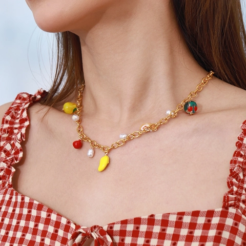 Fruit Artificial Pearl Necklace Stainless Steel Non-Fading Sweet Colorful Enamel Cherry Mango Charms Jewelry For Women