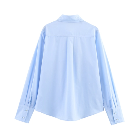 Dames Blouse Met Lange Mouwen Hemelsblauw Polyester Popeline Losse Pasvorm Omvouwbare Kraag Kunstparel Strik Decoratie Elegant Bovenstuk