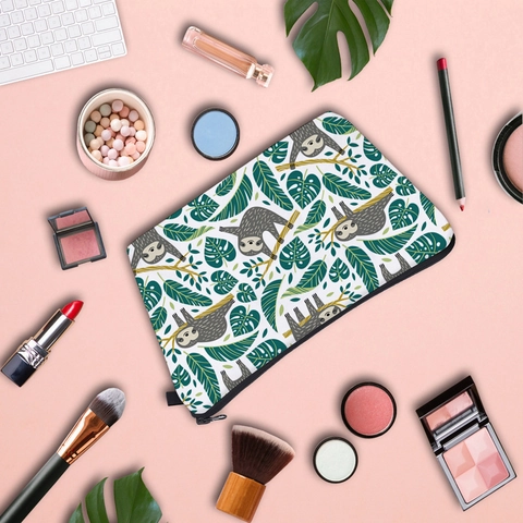 Sloth Printed Makeup Bag Portable Polyester Zipper Toiletry Organizer Travel Storage For Women Cute Tropical Pattern
