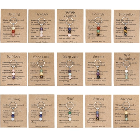 Handmade Natural Stone Crystal Bead Keychain With Meaning Card Stainless Steel Gemstone Healing Energy Jewelry Gift For Men Women