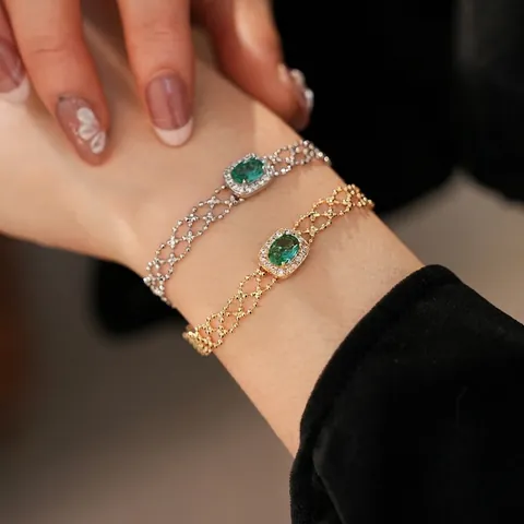 Vintage Koperen Armband Met Ovale Smaragdgroene Zirconia Gevlochten Ketting Elegante Retro Sieraden Voor Dames Verstelbaar