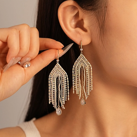 Bohemian Triangle Arrow Tassel Dangle Earrings Copper Colorful Rhinestone Zircon Silver Earring Post Women Retro Long Ear Hook