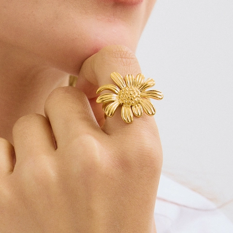 Edelstahl Gänseblümchen Blume Offener Ring Für Damen Vergoldet Verstellbarer Floraler Fingerschmuck Eleganter Ins Stil Accessoire