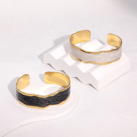 Open Armring 18K Verguld Roestvrij Staal Emaille Golfrand Breed Oppervlak Geometrische Minimalistische Armband Dames