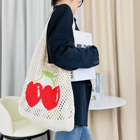 Crochet Tote Bag Knitted Cherry Pattern Hollow Mesh Large Capacity Handmade Style Summer Beach Shopping For Women