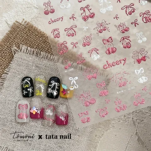 Autocollants Ongles Motif Cerise Nœud 3D Auto-adhésifs Paillettes Métalliques Design Pour Manucure DIY Mode Douce Accessoire
