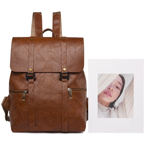 Mochila De Cuero PU Vintage Para Mujer Gran Capacidad Con Solapa Multibolsillos Bolso Escolar Estilo Inglés Retro