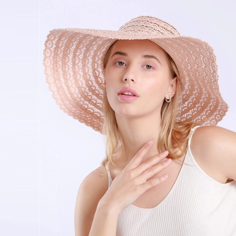 Women Wide Brim Sun Hat Lace Straw Breathable Foldable Beach Summer Sunshade Elegant Bow Belt Hollow Out