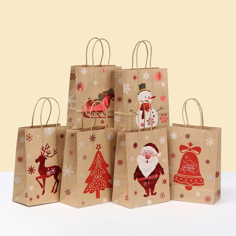 Bolsas De Regalo Navidad Papel Kraft Portátiles Estampado Rojo Oro Diseños Papá Noel Reno Fiesta