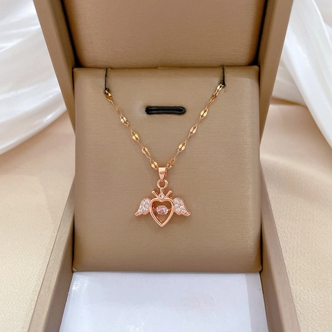 Engel Flügel Herz Anhänger Halskette Mit Edelstahlkette Und Kupfer Zirkon Tanzender Stein Schmuck Für Frauen