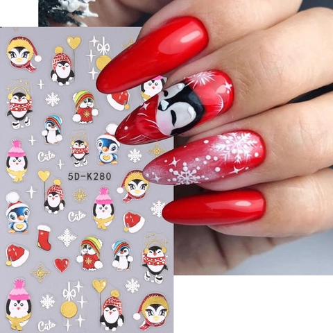Stickers Ongles Noël 5D Relief Dessin Animé Père Noël Flocons Pingouin Décalcomanies Pour Décoration Manucure Festive