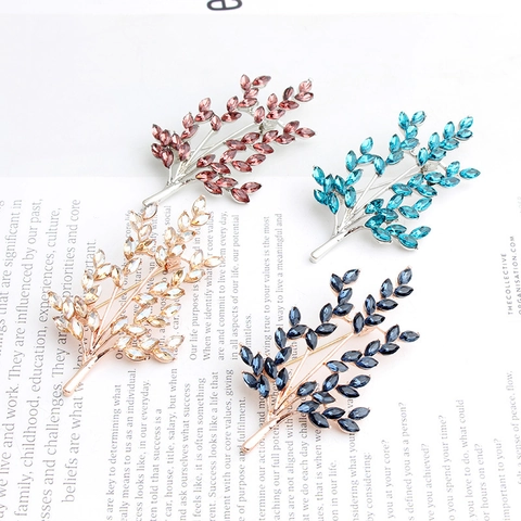 Elegant Leaf Shape Brooch Zinc Alloy With Crystal Rhinestone Plant Branch Wheat Ear Pin For Women Fashion Accessory