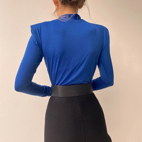 Body De Manga Larga Mujer Cuello En V Plisado Poliéster Ajustado Sexy Elegante Top Con Hombreras