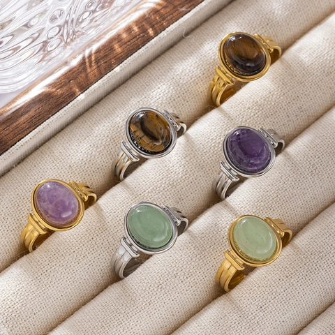 Retro Natural Stone Stainless Steel Adjustable Ring For Women Amethyst Tiger Eye Green Aventurine Oval Gemstone Jewelry