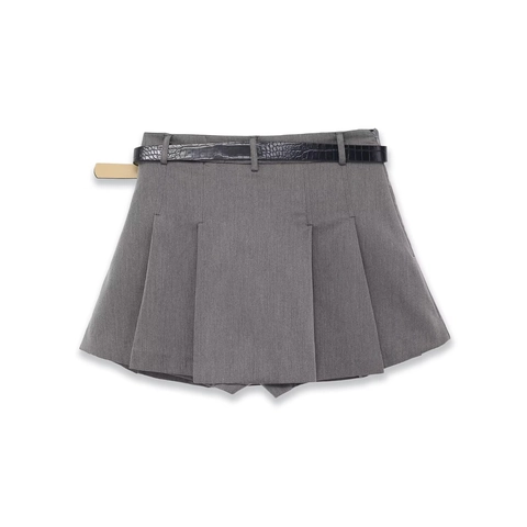 Damen Grauer Plissierter Minirock Hohe Taille A-Linie Polyester Streetwear Mit Schwarzem Gürtel Metallschnalle