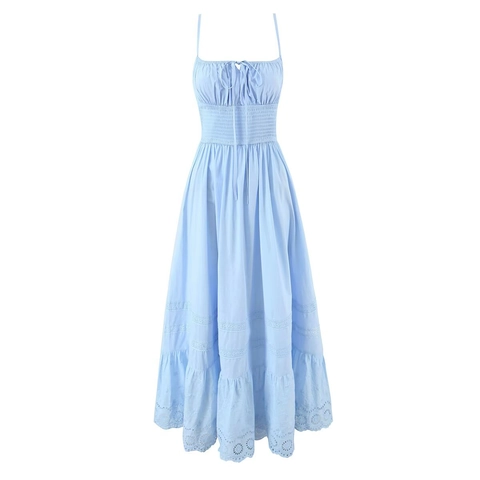 Katoenen Spaghetti Strap Maxi Jurk Eyelet Kant Ruches Zoom Gesmokte Rug Mouwloos Zomer Strand Vakantie Voor Dames