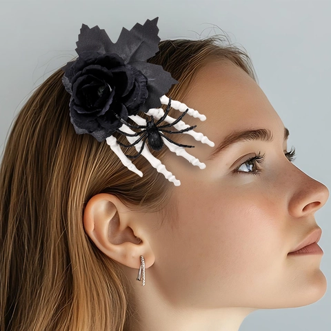 Halloween Haarclip Gothische Zwarte Roos Skelet Hand Spin Horror Feest Kostuum Accessoire Voor Dames
