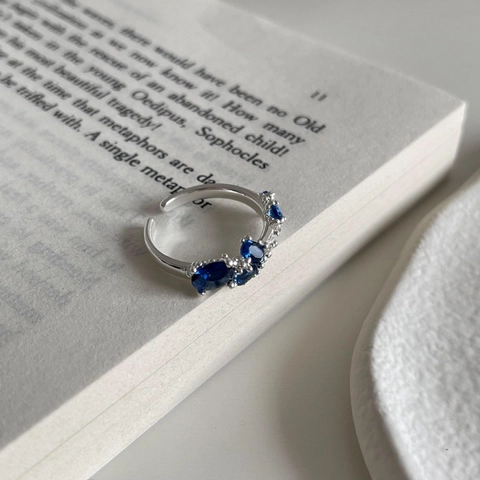 925 Sterling Silver Ring For Women Irregular Asymmetrical Open Adjustable Blue Cubic Zirconia Minimalist Light Luxury Style