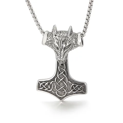 Pendentif Marteau De Thor Mjolnir Tête De Loup Acier Inoxydable Viking Nordique Mythe Style Punk Bijoux Pour Hommes
