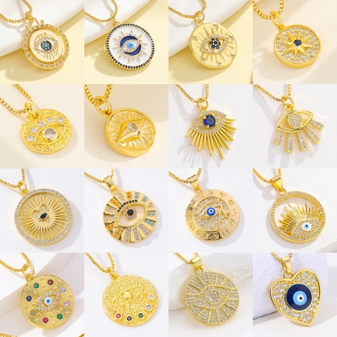 Evil Eye Anhänger Halskette 18K Vergoldetes Messing Zirkon Bunte Emaille Hamsa Hand Herz Sonne Schutzschmuck Damen