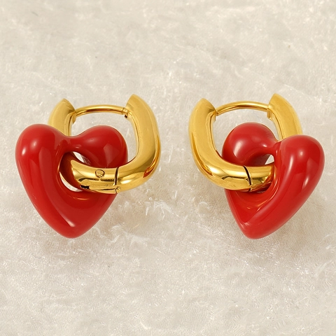 Pendientes De Aro Con Colgante De Corazón Rojo De Acero Inoxidable Chapado En Oro De 18K Para Mujer