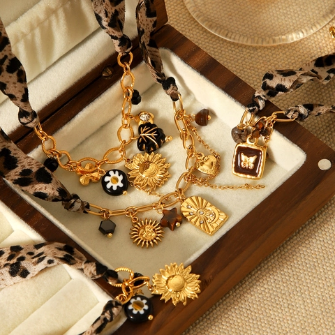 Stainless Steel Leopard Print Ribbon Necklace Bracelet Heart Sun Butterfly Daisy Pendant Choker For Women Bohemian Jewelry