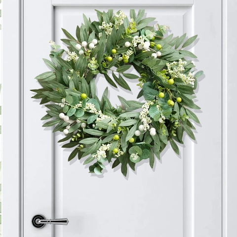 Corona Di Foglie Di Olivo Artificiale Con Bacche Bianche Eucalipto Verde Decorazione Per Porta D'ingresso Parete Casa