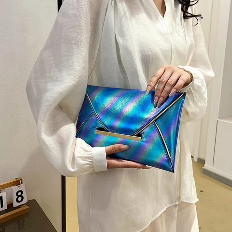 Women Holographic Laser Envelope Clutch Bag PU Leather Gradient Color Fashion Evening Party Elegant Handbag
