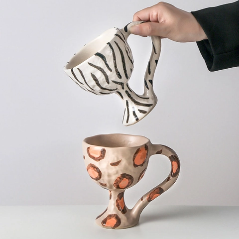 Retro Hand Painted Ceramic High Foot Mugs Animal Print Zebra Leopard Coffee Cup Irregular Dessert Tray Home Decor Drinkware