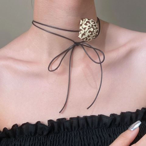 Leopard Print Fabric Rose Choker Necklace For Women Vintage Y2K Faux Artificial Pearl Flower Pendant Black Rope Tie Neck Jewelry