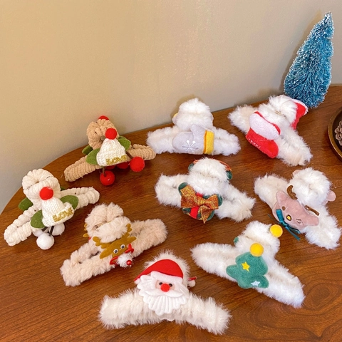 Festive Christmas Plush Hair Claw Clips Cute Santa Reindeer Elk Antler Shark Clip Resin Hair Accessories Women Girls