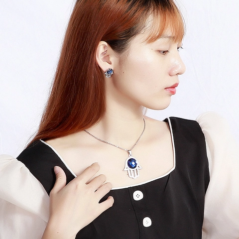 Hamsa Hand And Horn Pendant Necklace Earrings Jewelry Stainless Steel Crystal Glass Resin Rhinestone Shell Fashion Women