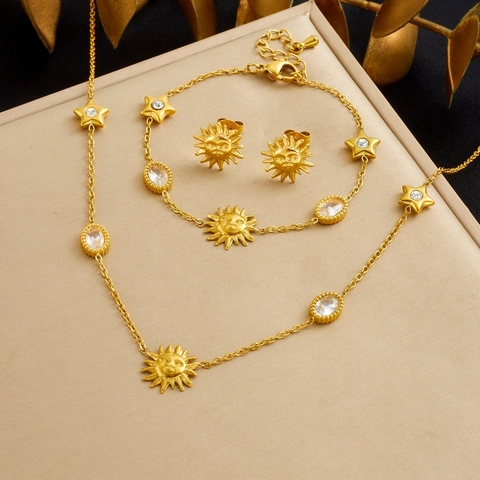 Bijoux En Acier Inoxydable Plaqué Or Collier Bracelet Boucles Oreilles Pendants Soleil Étoile Strass Élégant Femmes