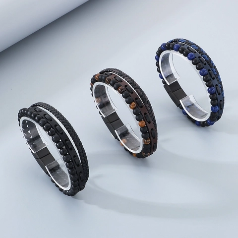 Herren Mehrlagiges Armband Mit Tigerauge Stein Achat Perlen Geflochtenem Leder Edelstahl Magnetverschluss Punk Trendig