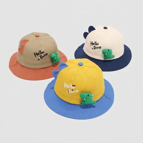 Kids Bucket Hat Cotton Dinosaur Sun Protection Cartoon Fisherman Cap With Windproof Rope For Toddler Boys Girls