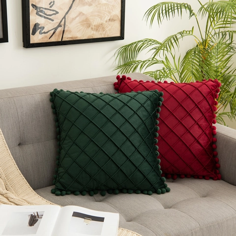 Velvet Throw Pillow Cover Diamond Quilted Decorative Cushion Case With Pompom Trim Luxury Soft Sofa Home Decor