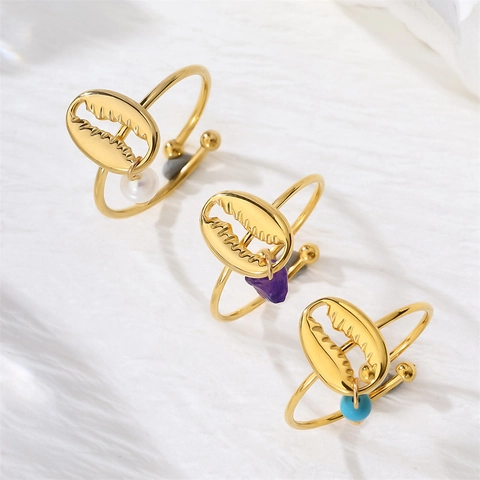 Anillos Abiertos Ajustables De Acero Inoxidable Chapado En Oro De 18 Quilates Con Concha Perla Artificial Piedra Natural