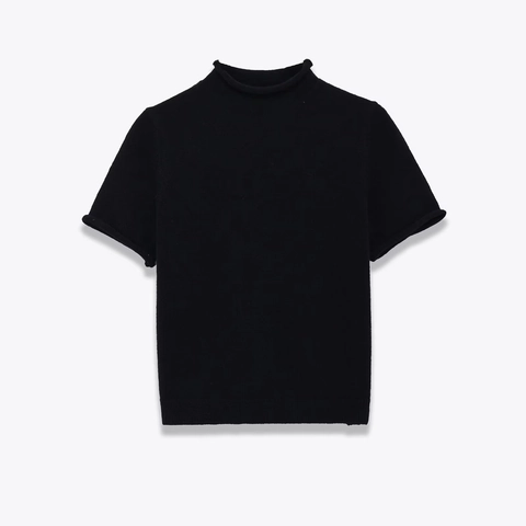 Pull En Tricot À Manches Courtes Pour Femmes Col Montant Doux Couleur Unie Haut Décontracté Ajusté