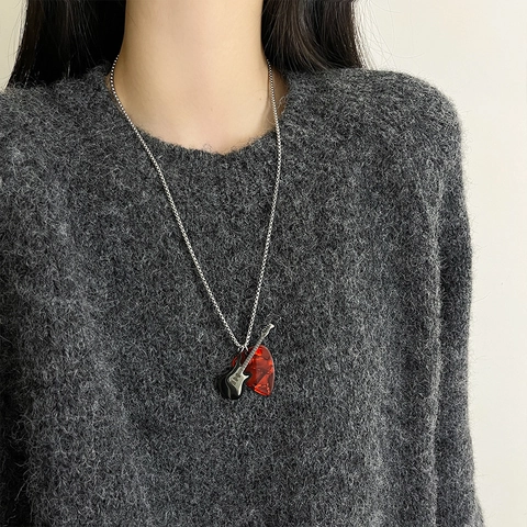 Collier Pendentif Médiator Guitare Coeur Alliage Acrylique Longue Chaîne Pull Style Hip Hop Bijoux Musique Pour Femme