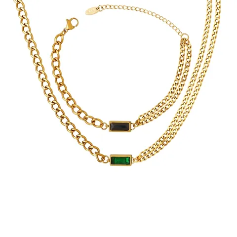 Stainless Steel Necklace And Bracelet Rectangular Zircon Layered Cuban Chain Gold Plated Trendy Jewelry For Women
