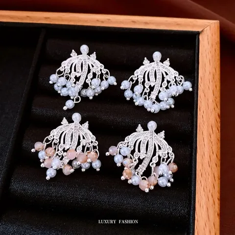 Zircon Faux Artificial Pearl Tassel Clip On Earrings Silver Tone Copper Fireworks Fan Shape French Style Elegant For Women