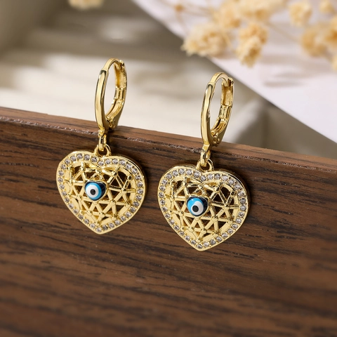 Evil Eye Herz Ohrhänger Vergoldetes Kupfer Zirkon Hohl Retro Boho Stil Für Frauen