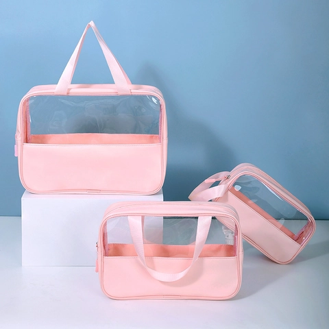 Portable Cosmetic Bag Transparent PVC Waterproof PU Leather Toiletry Storage Pouch Travel Makeup Organizer With Handle Zipper