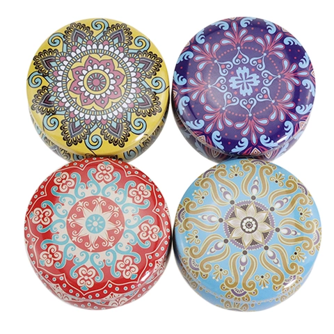 Round Tinplate Storage Jars With Lids Decorative Metal Candle Tins For DIY Candy Tea Spices Mandala Marble Patterns