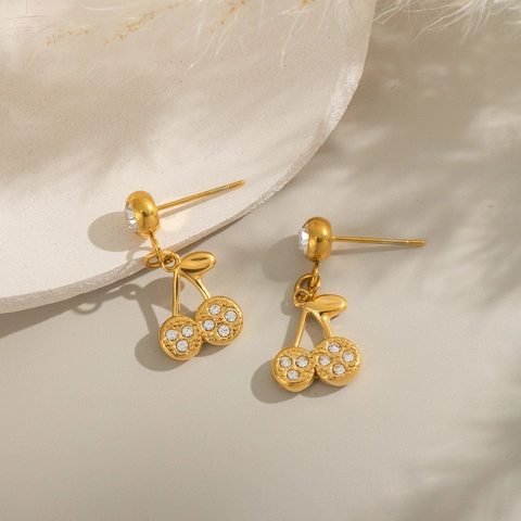 Rhinestone Cherry Stud Earrings Gold Plated 304 Stainless Steel Waterproof Hypoallergenic Summer Fashion For Women