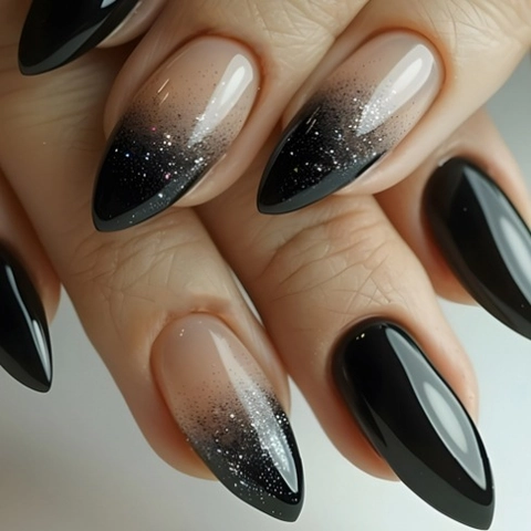 Press On Nagels Amandelvorm Verloop Zwart Ombre Glitter Lange Glanzende Kunstnagels Voor Vrouwen Dagelijks Manicure