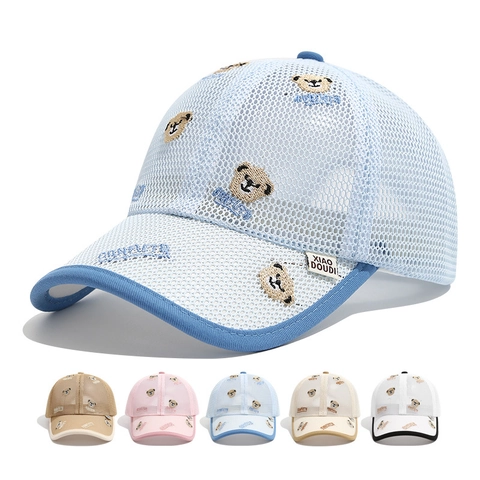 Kids Mesh Baseball Cap Breathable Polyester Embroidery Cartoon Bear Sun Hat Summer Outdoor Adjustable Toddler Boys Girls