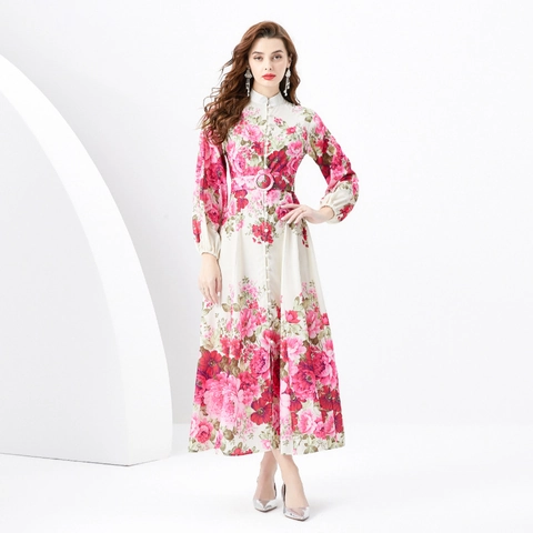Abito Maxi Elegante Con Stampa Floreale Chiffon Collo Alto Manica Lunga Con Cintura Monopetto Stile Vacanza Vintage Donna